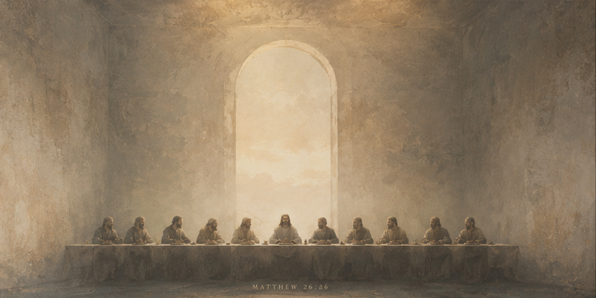 Last Supper canvas flat art, modern neutral fine art Christian panoramic print, Matthew 26:26