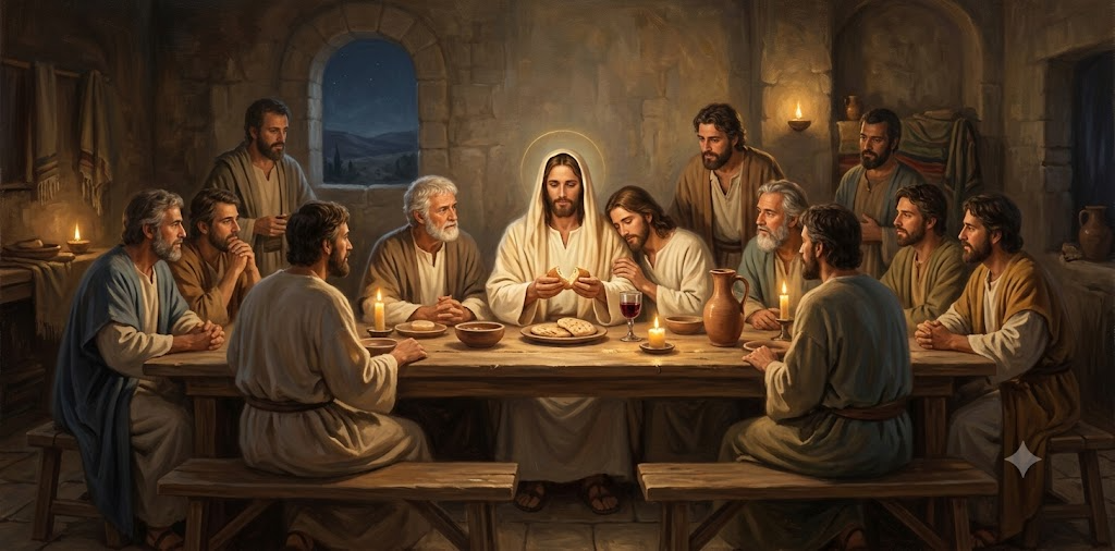 The Last Supper Jesus and twelve apostles painting