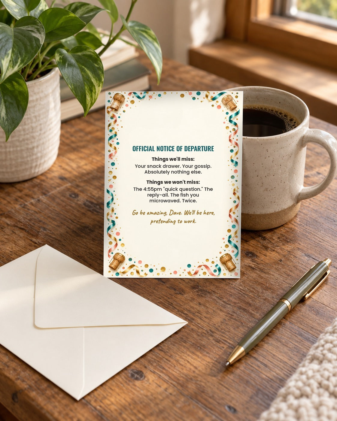Funny leaving card inside on a desk with envelope and pen