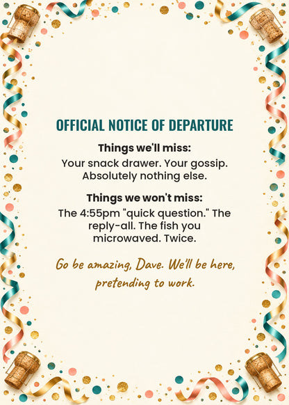 Card inside: Official Notice of Departure with things we will and will not miss