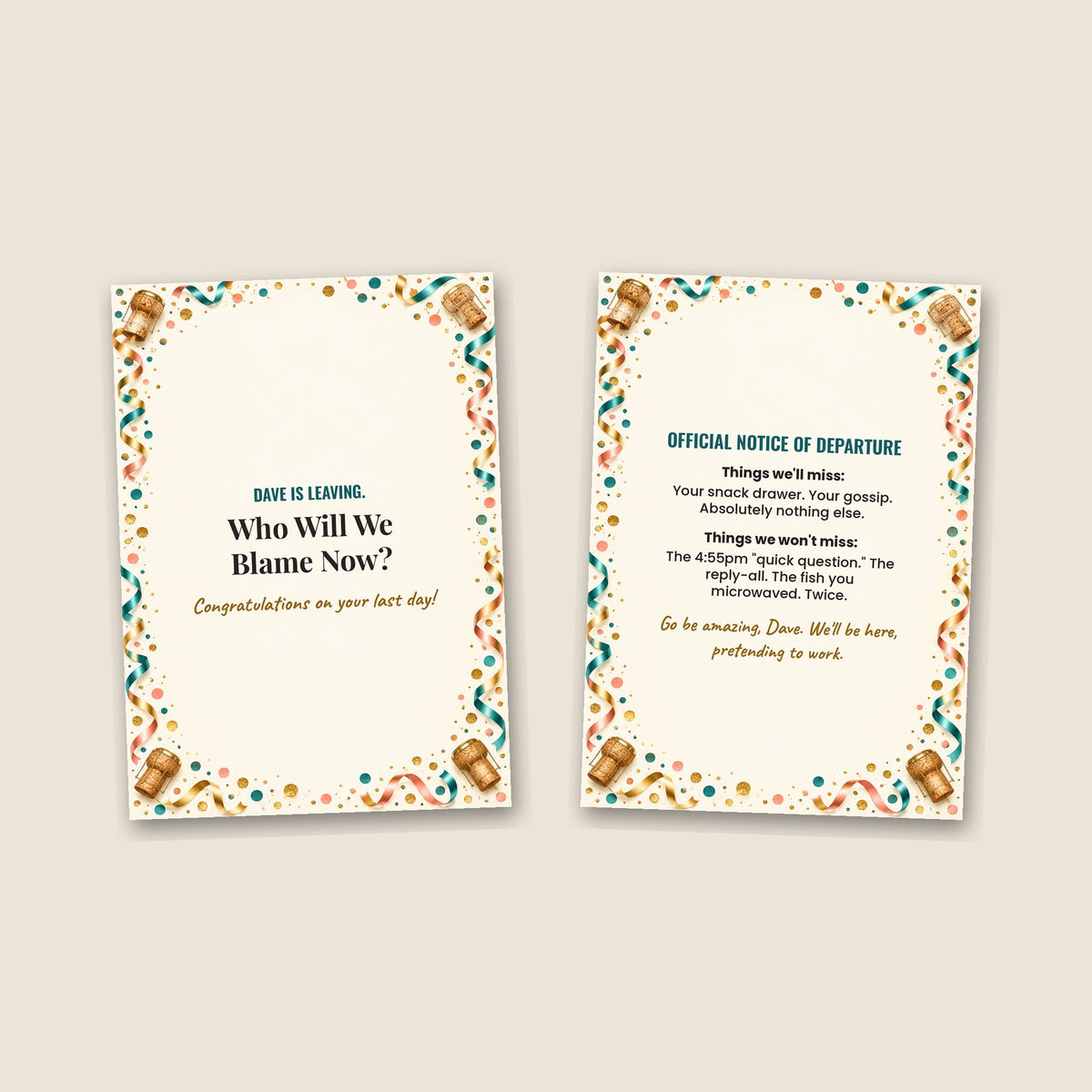 Funny leaving card cover and inside side by side