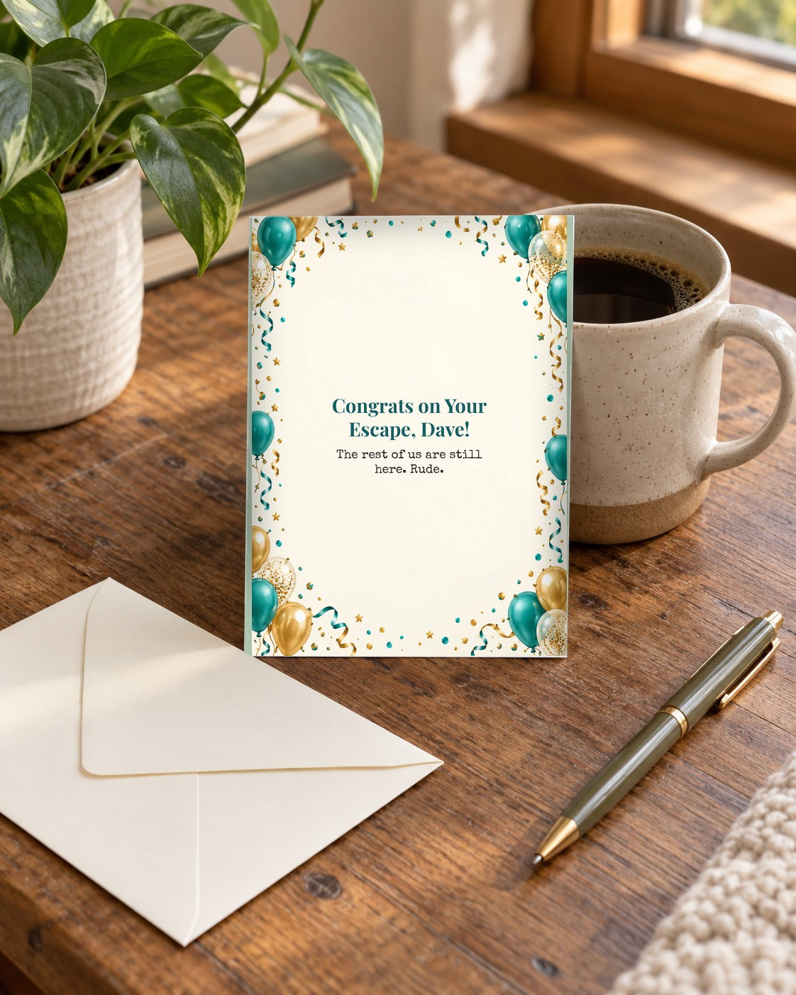 Funny leaving card on a desk with envelope and pen