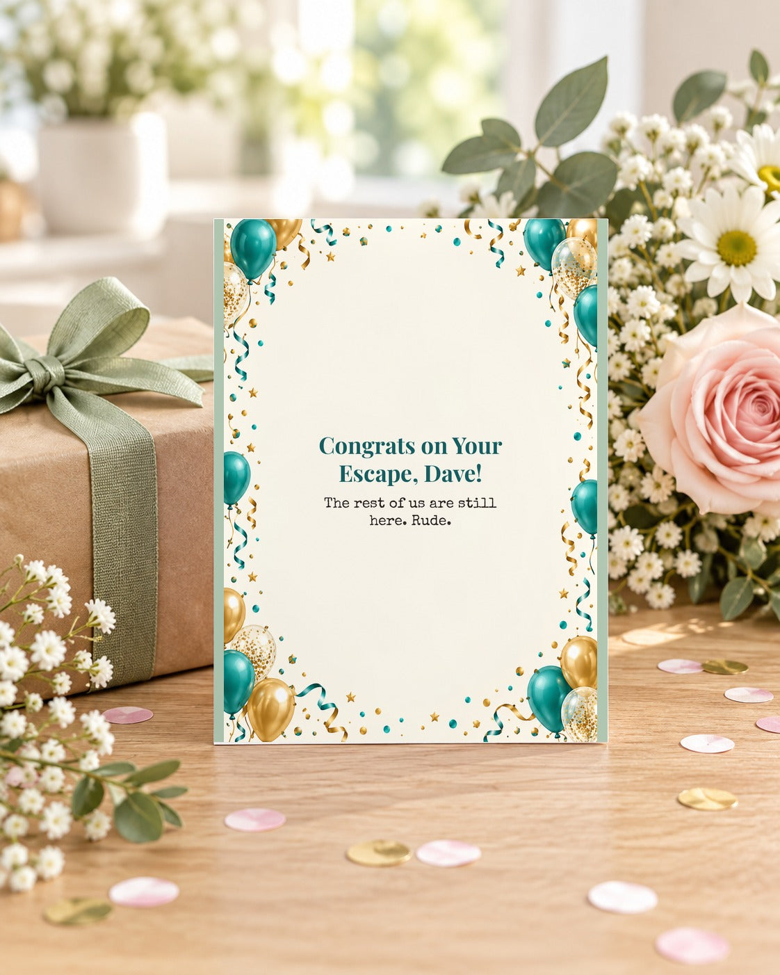 Funny leaving card with gift and flowers