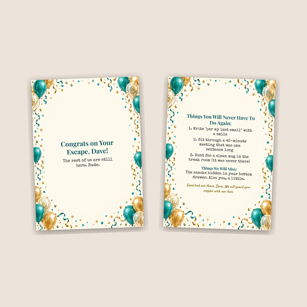 Funny leaving card front and inside spread