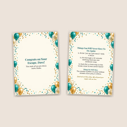 Funny leaving card front and inside spread