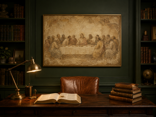 Vintage Last Supper fresco canvas in a deep green study above a walnut desk with leather chair, brass lamp and open Bible