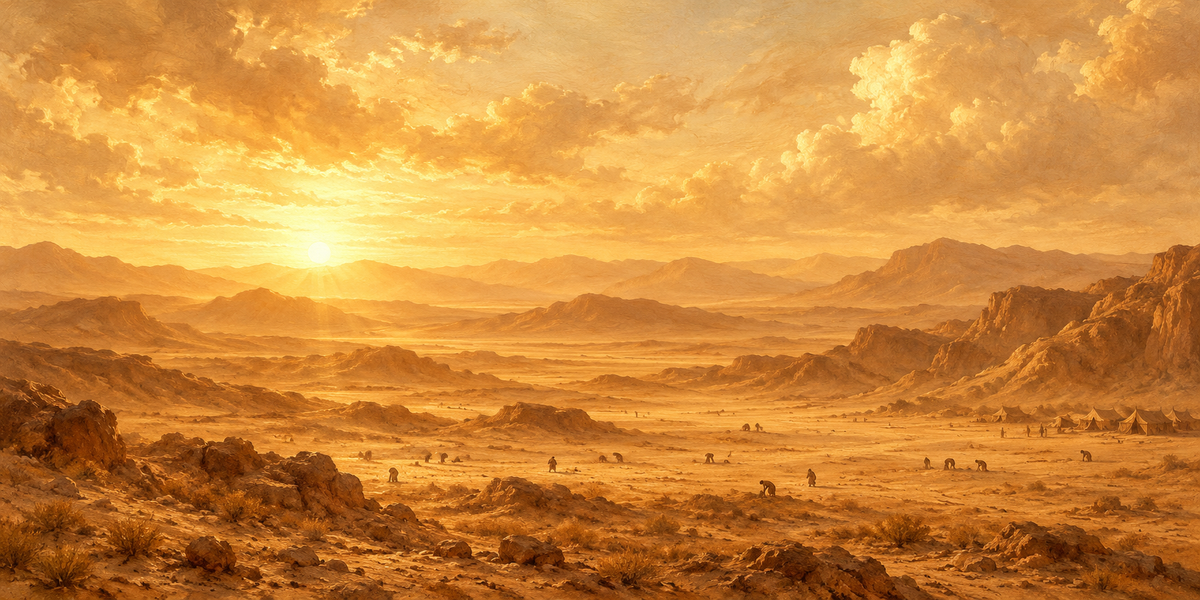 Manna in the Wilderness flat art, warm sepia panoramic Bible story painting