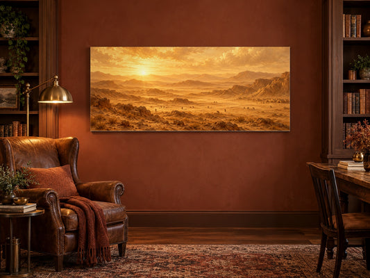 Manna in the Wilderness canvas framed on a wall in a warm rust study