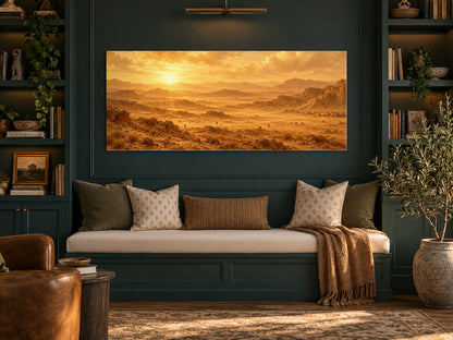 Manna in the Wilderness canvas on a wall in a deep teal reading nook