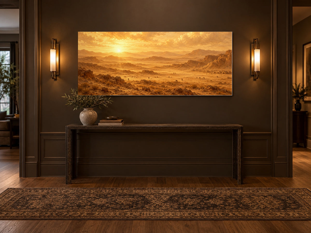 Manna in the Wilderness canvas on a wall in an espresso-brown hallway