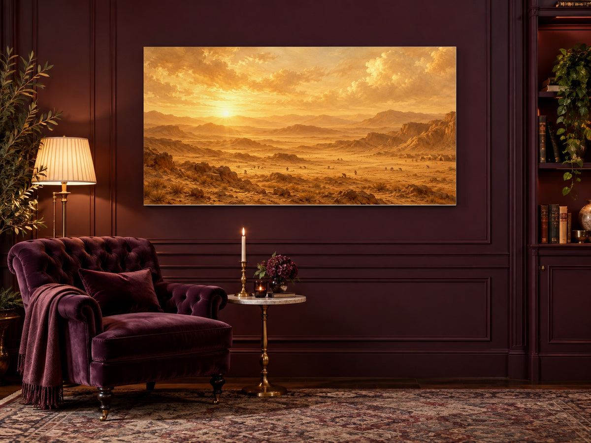 Manna in the Wilderness canvas on a wall in a rich plum velvet parlor