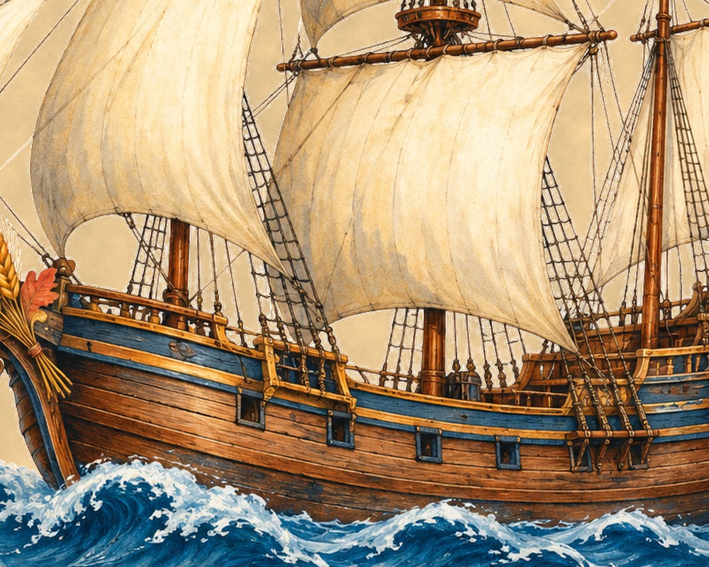 Close-up detail of the ship hull and sails on the vintage Mayflower print