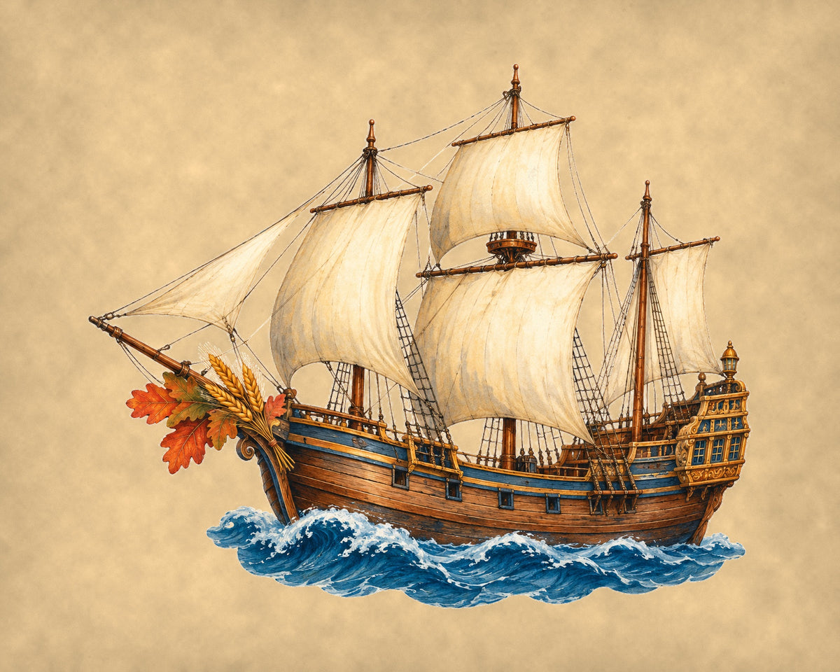 Vintage Thanksgiving Mayflower 10x8 print on tea-stained parchment