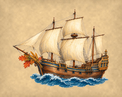 Vintage Thanksgiving Mayflower 10x8 print on tea-stained parchment