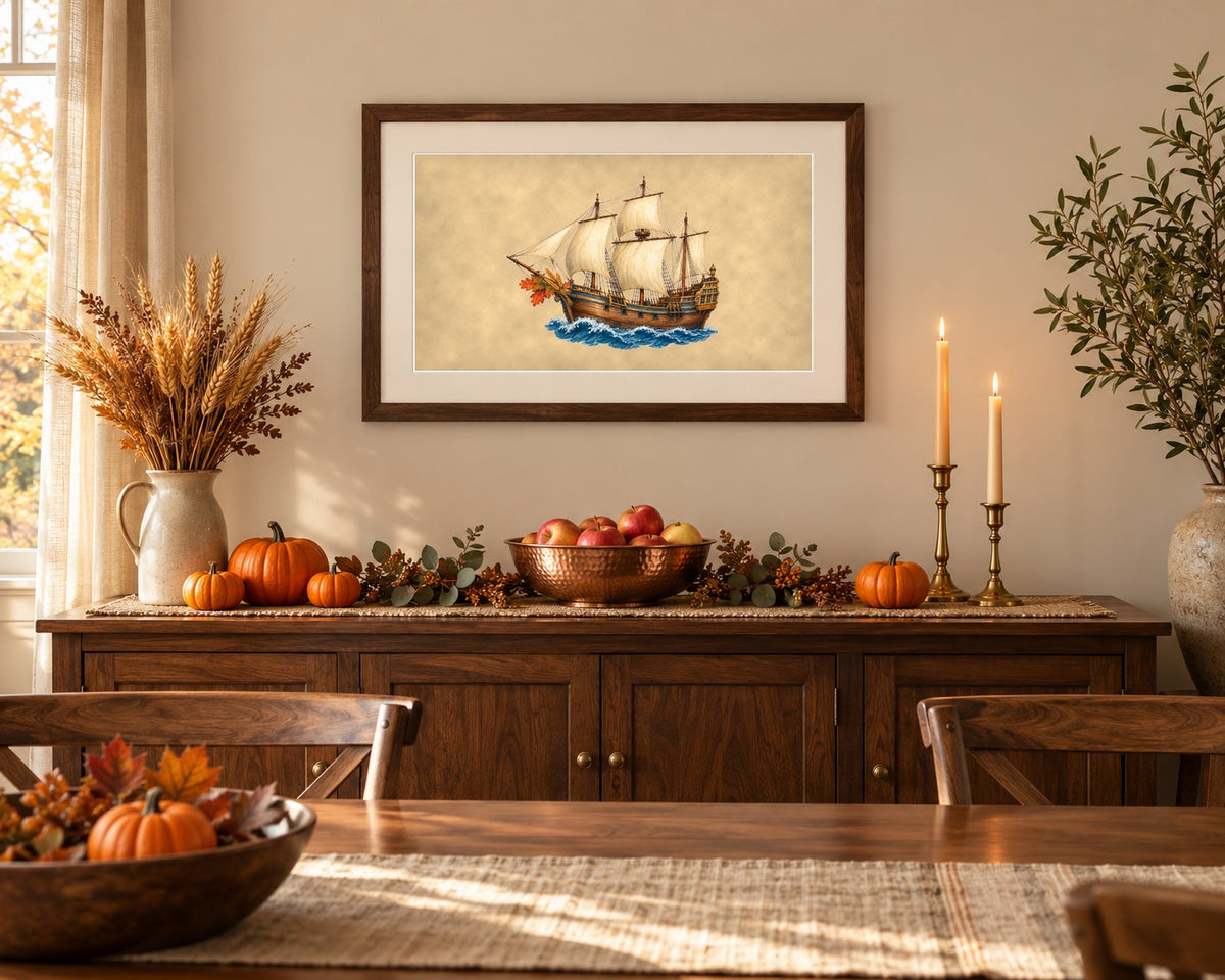 Framed vintage Thanksgiving Mayflower print above an autumn dining room sideboard