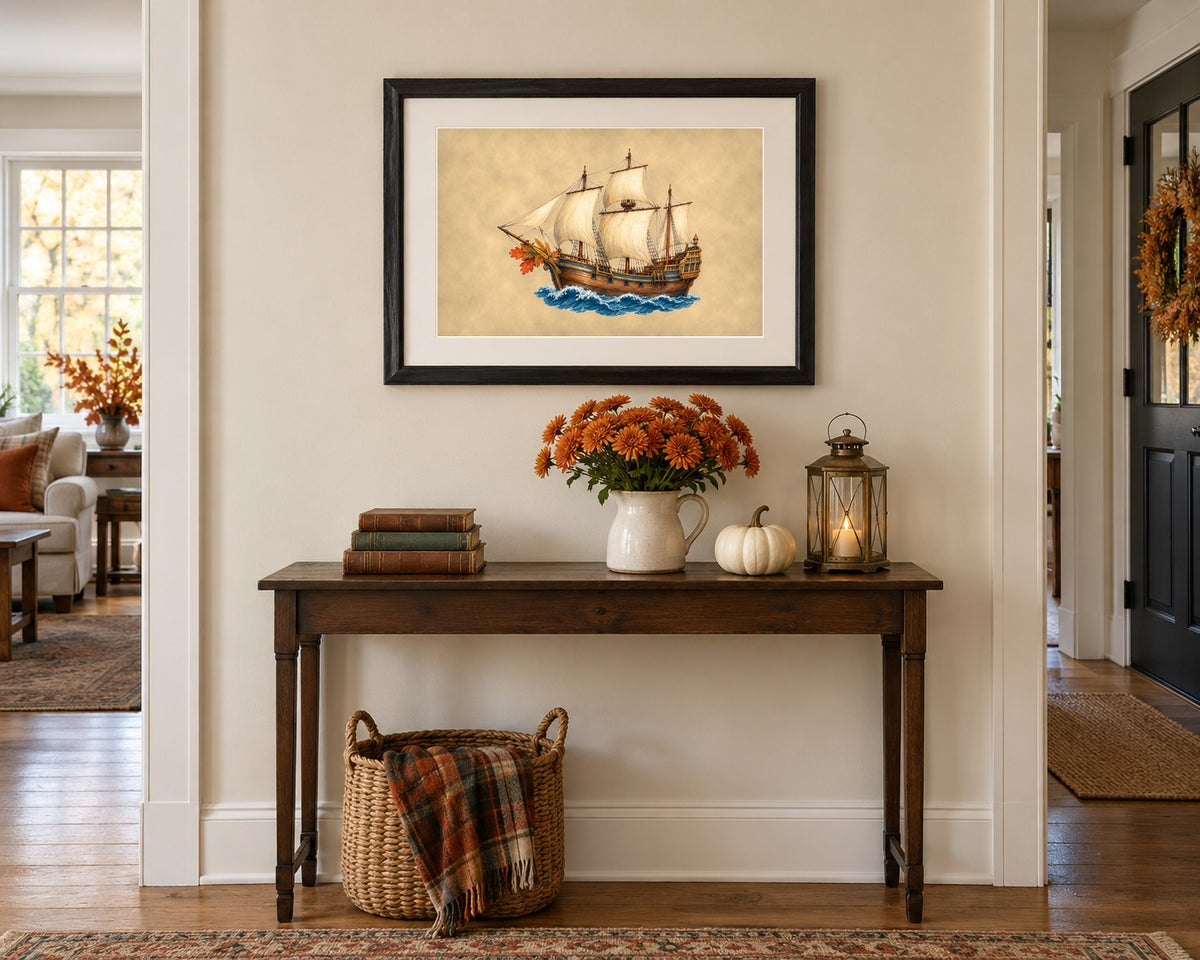 Framed vintage Mayflower print above a farmhouse hallway console with chrysanthemums