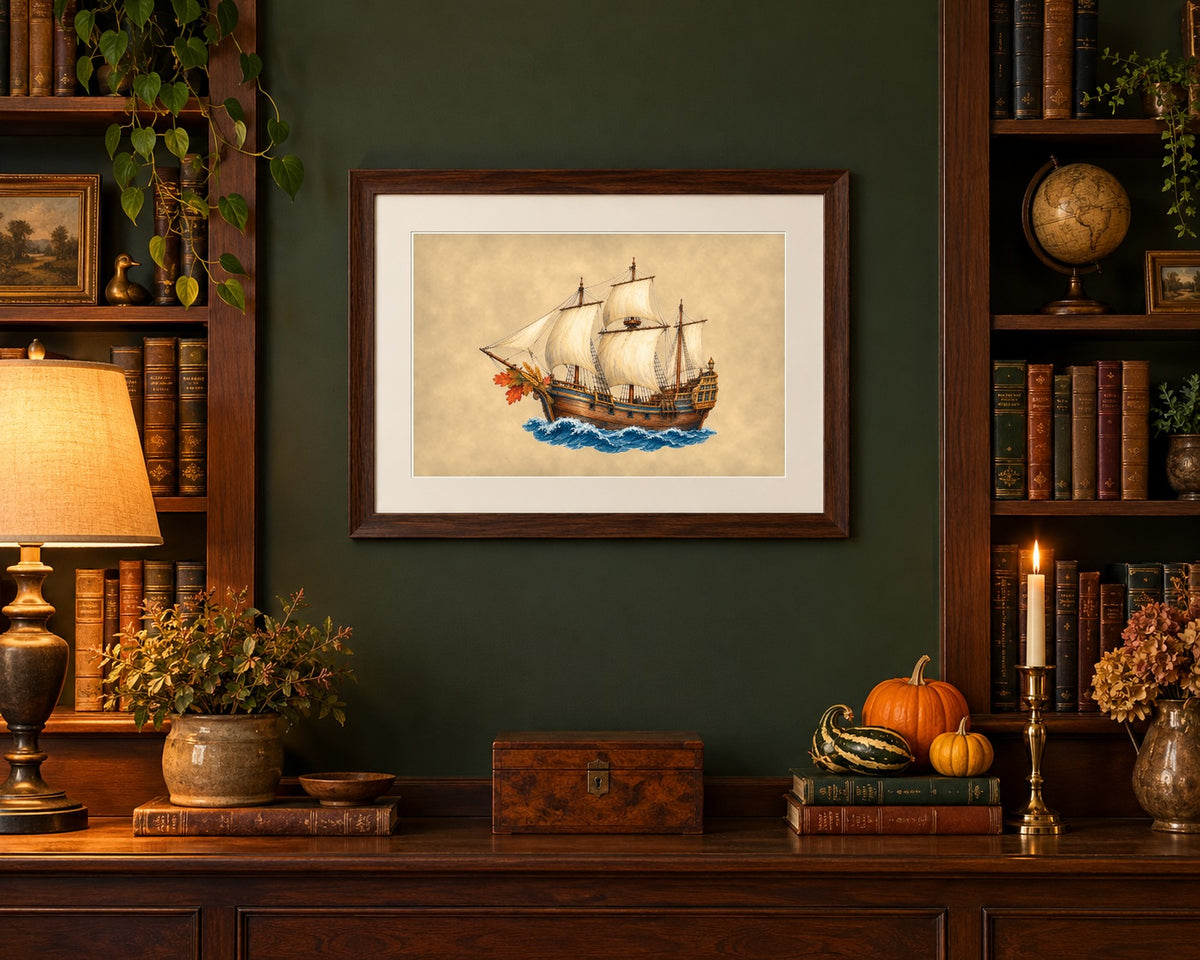 Framed vintage Mayflower print in a green library nook with gourds and books