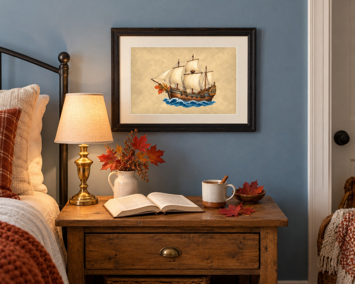 Framed vintage Mayflower print above a nightstand in a blue farmhouse bedroom