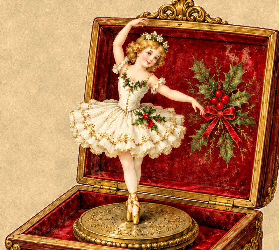 Close-up detail of the ballerina and holly on the vintage Christmas music box print