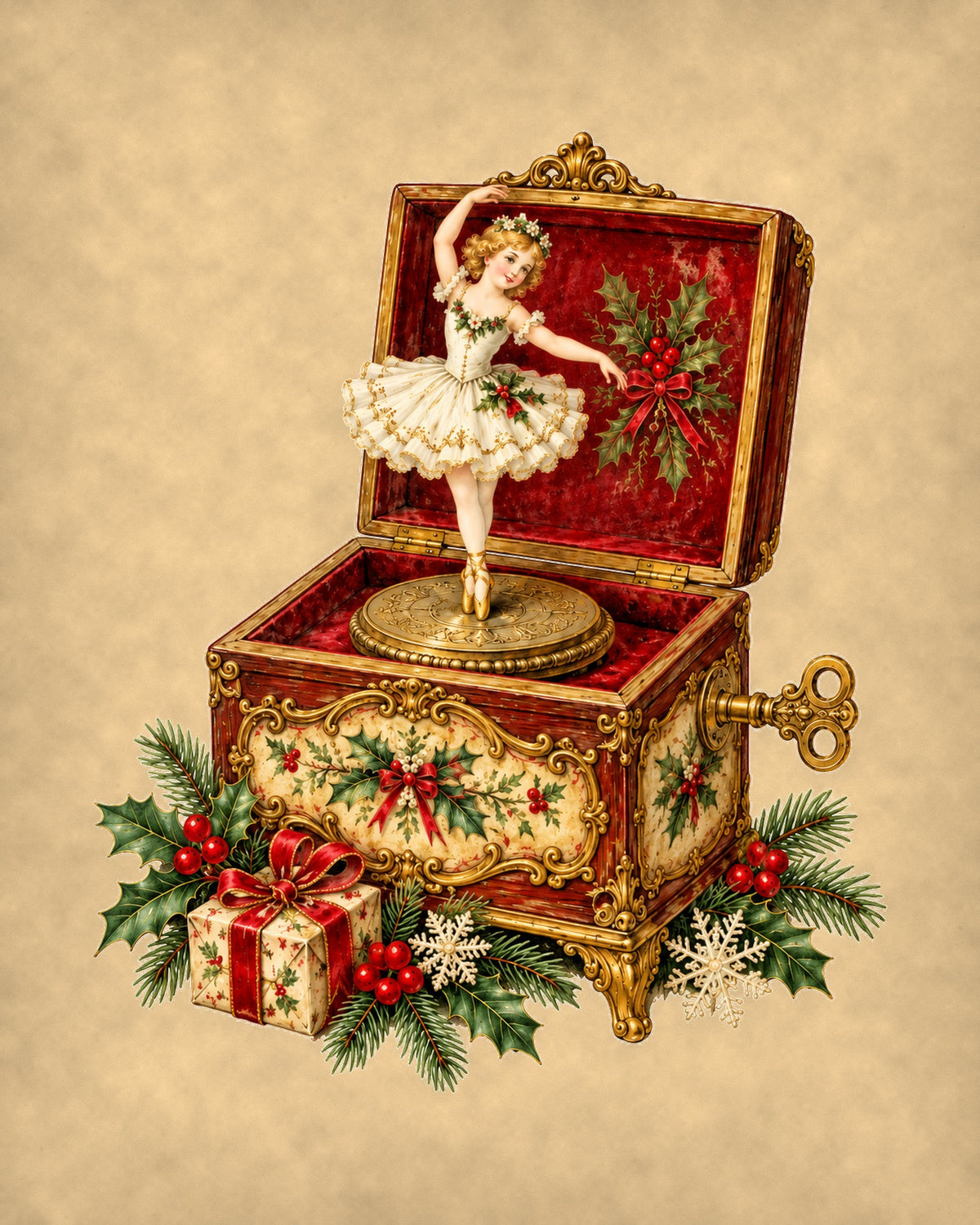 Vintage Christmas music box 8x10 print on tea-stained parchment