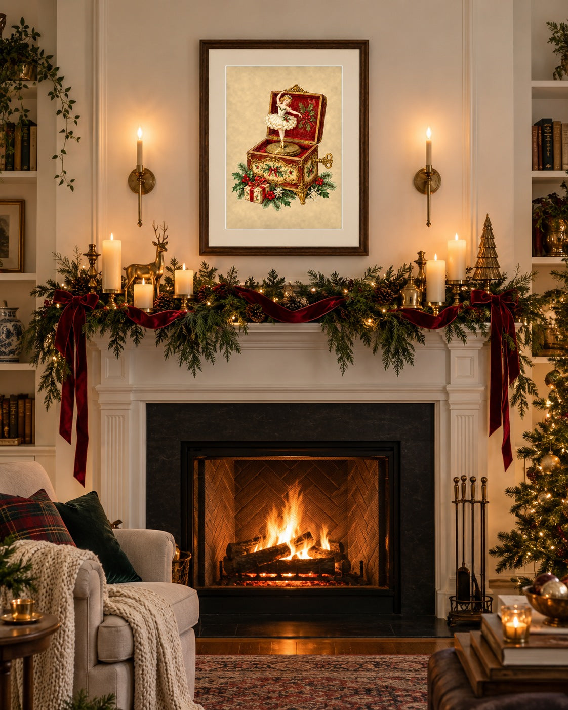 Framed vintage Christmas music box print above a decorated fireplace mantel