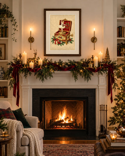 Framed vintage Christmas music box print above a decorated fireplace mantel