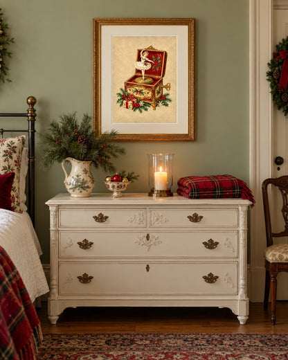 Framed vintage Christmas music box print above a white dresser in a sage green bedroom