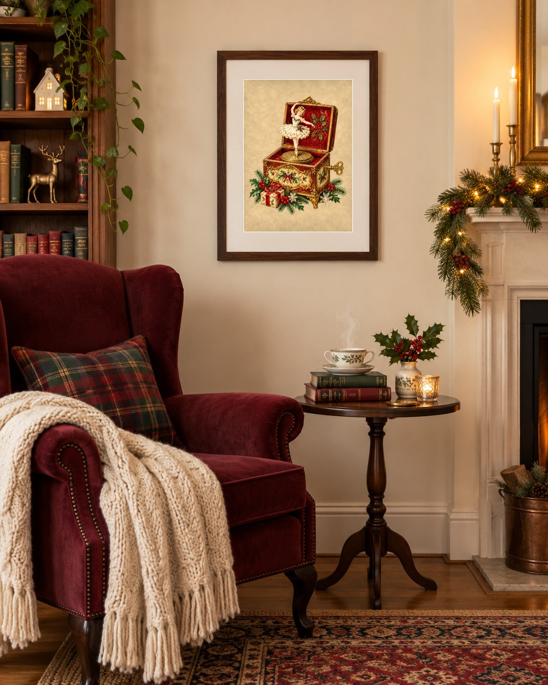Framed vintage Christmas music box print above a burgundy armchair reading corner