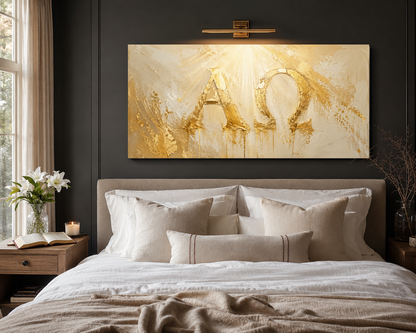 Alpha and Omega gold canvas hung above a modern neutral bed
