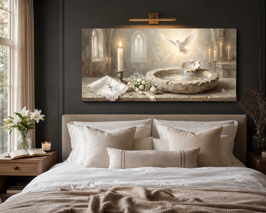 Baptism Christening canvas hung above a modern neutral bed