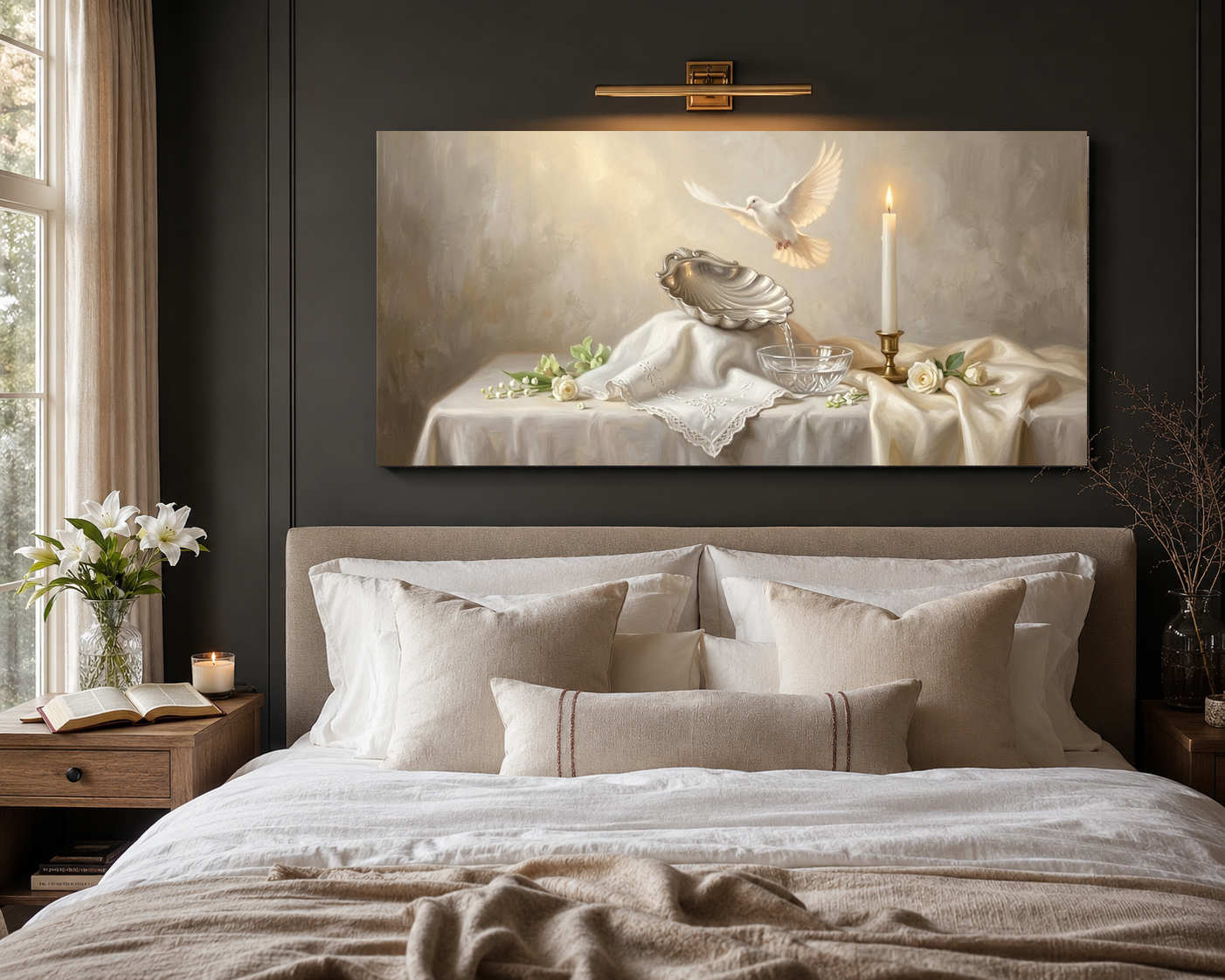 Baptism keepsake devotional art above bed room mockup