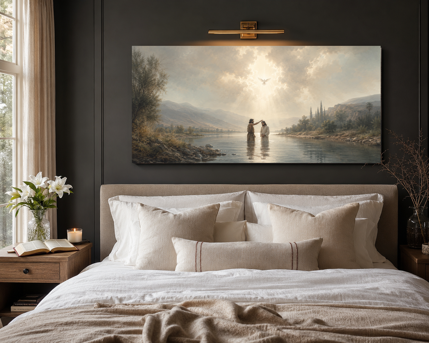 Baptism of Jesus canvas hung above a modern neutral bed