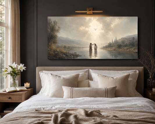 Baptism of Jesus canvas hung above a modern neutral bed