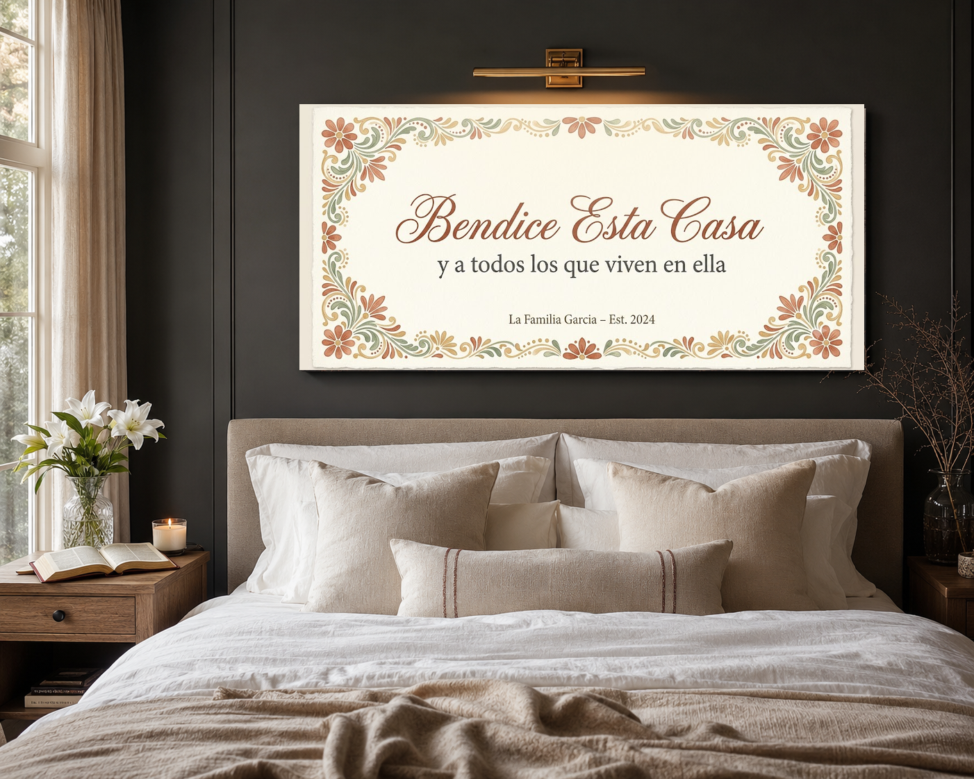 Bendice Esta Casa canvas hung above a modern neutral bed