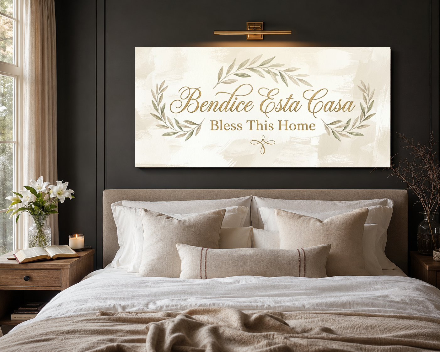 Bendice Esta Casa bilingual house blessing above bed room mockup