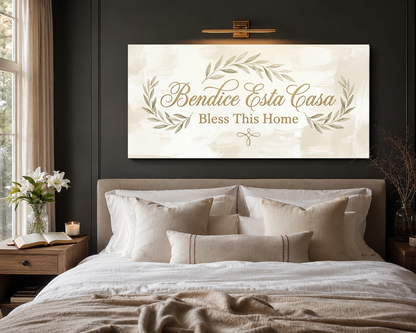 Bendice Esta Casa bilingual house blessing above bed room mockup