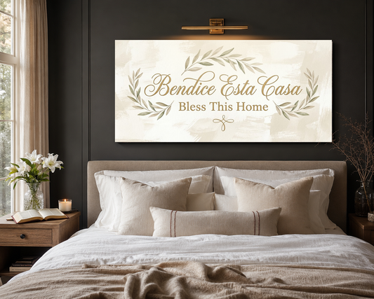 Bendice Esta Casa bilingual house blessing above bed room mockup