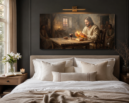 Bread of Life canvas hung above a modern neutral bed