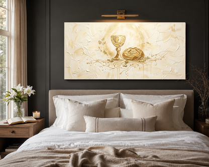 Bread and wine communion canvas hung above a modern neutral bed