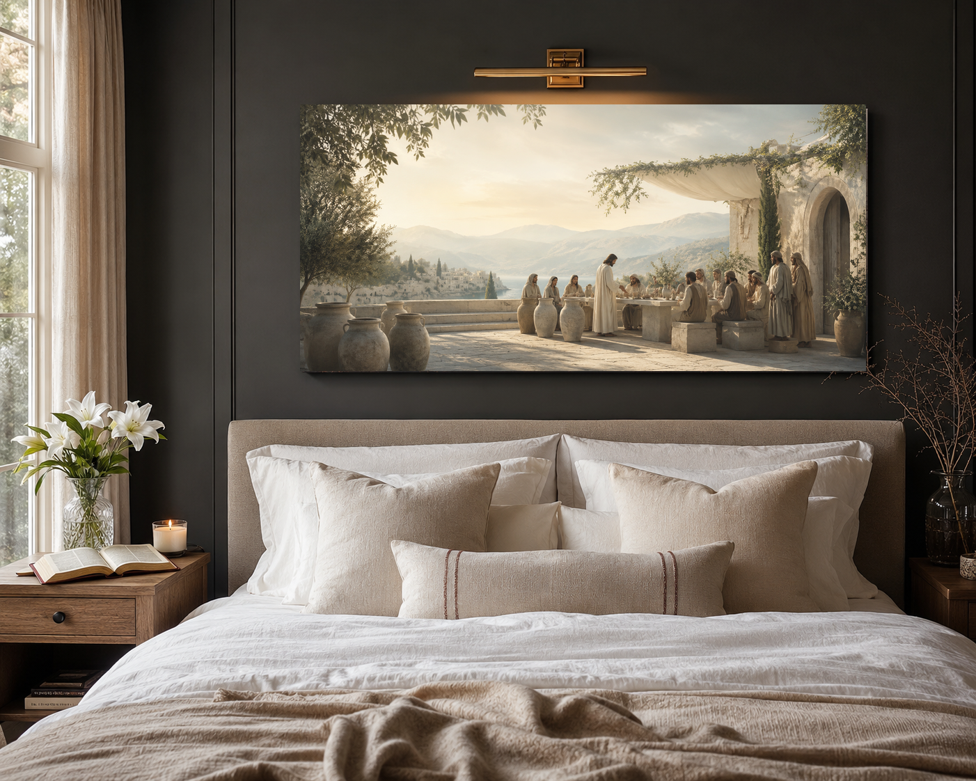Modern Neutral Christian canvas above bed room mockup