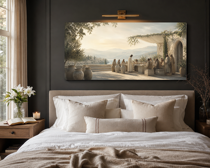 Modern Neutral Christian canvas above bed room mockup