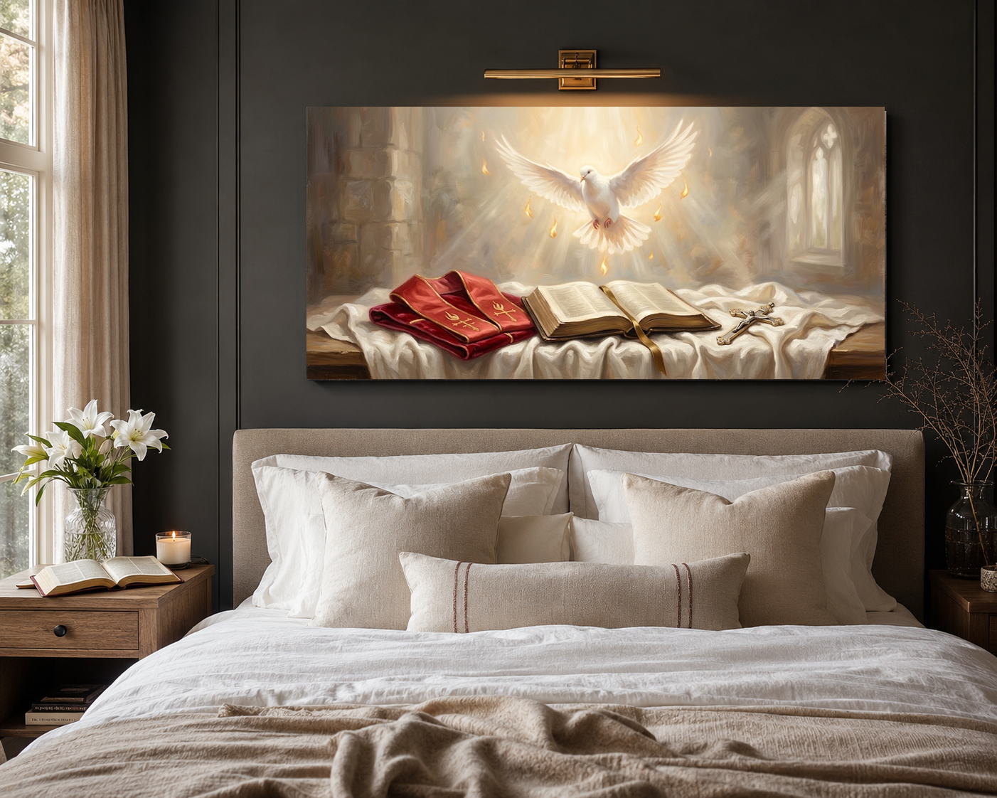 Confirmation canvas hung above a modern neutral bed