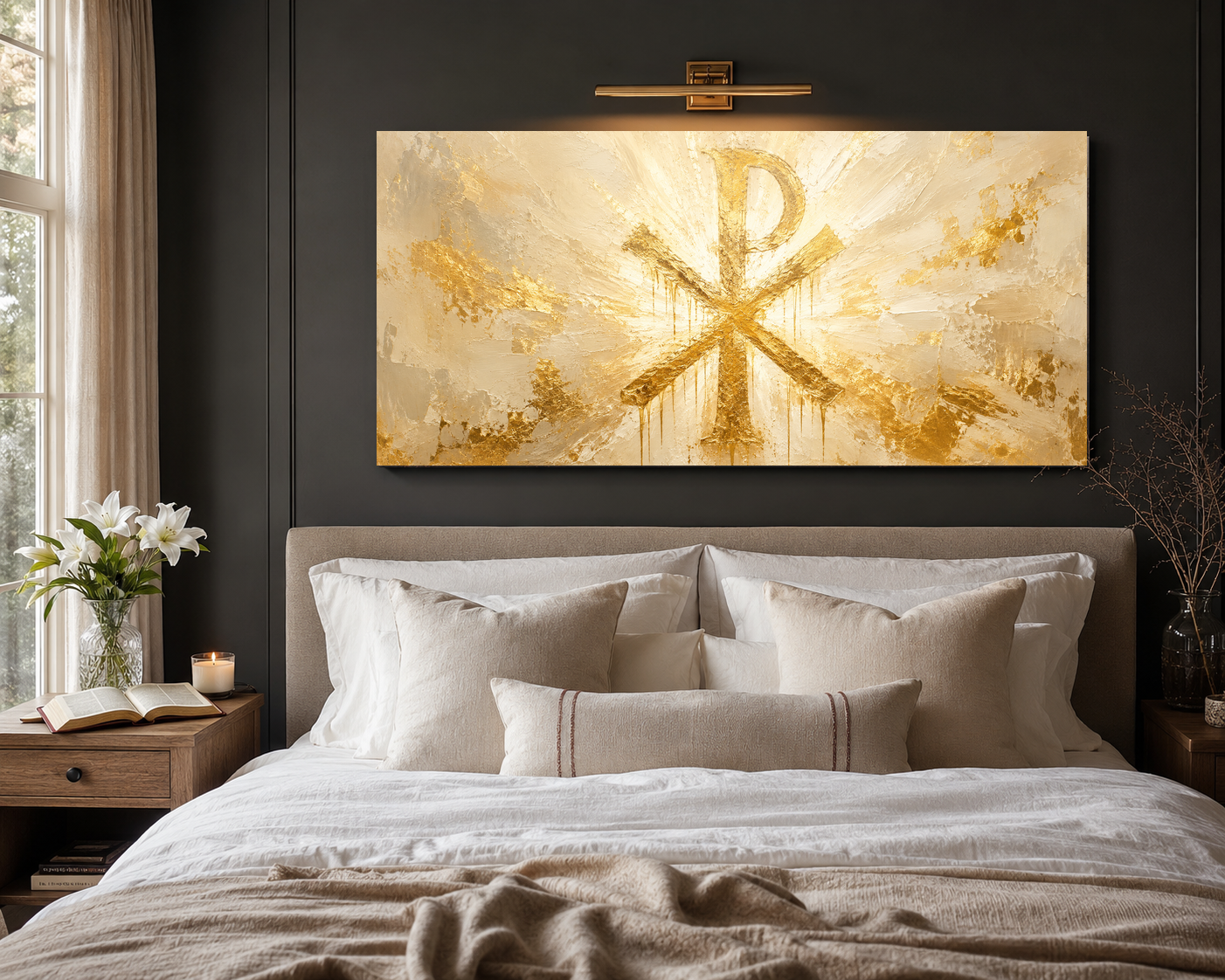 Chi Rho gold abstract canvas above a modern neutral bed