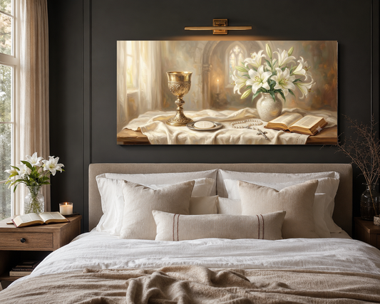 First Communion sacrament canvas hung above a modern neutral bed