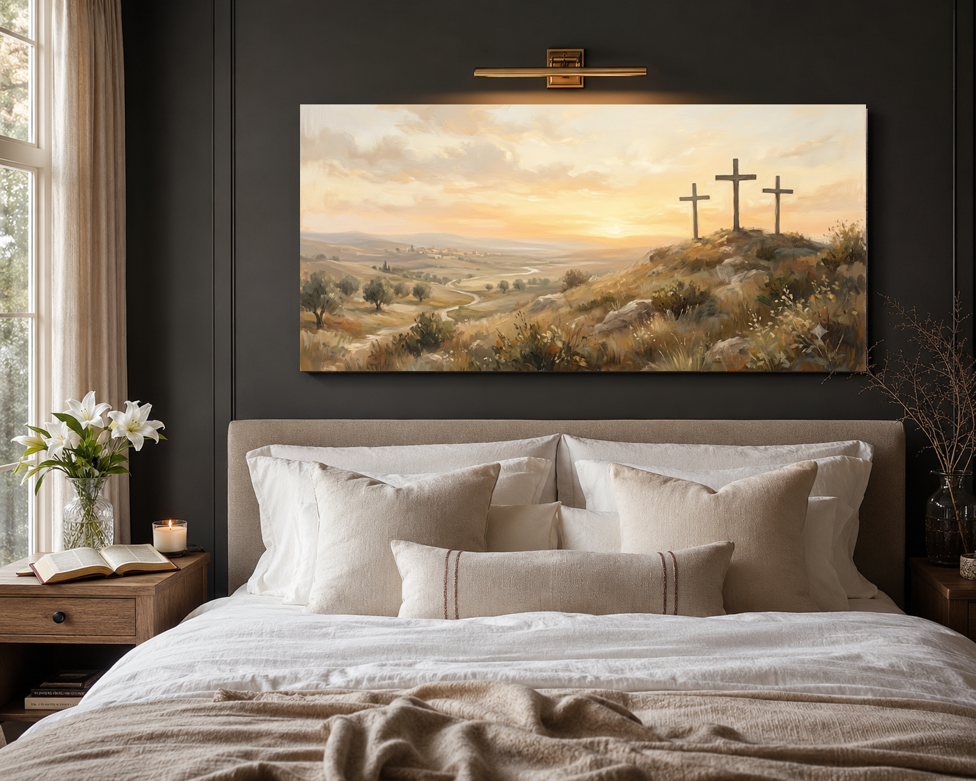 Three crosses Calvary canvas above bed room mockup
