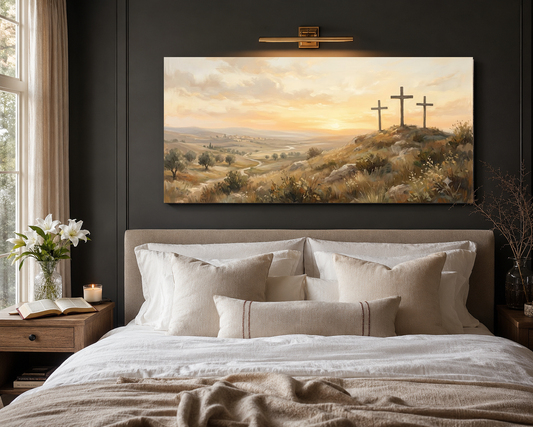 Three crosses Calvary canvas above bed room mockup