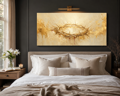 Crown of Thorns gold abstract canvas above a modern neutral bed