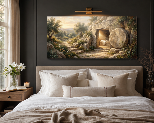 Easter empty tomb canvas hung above a modern neutral bed