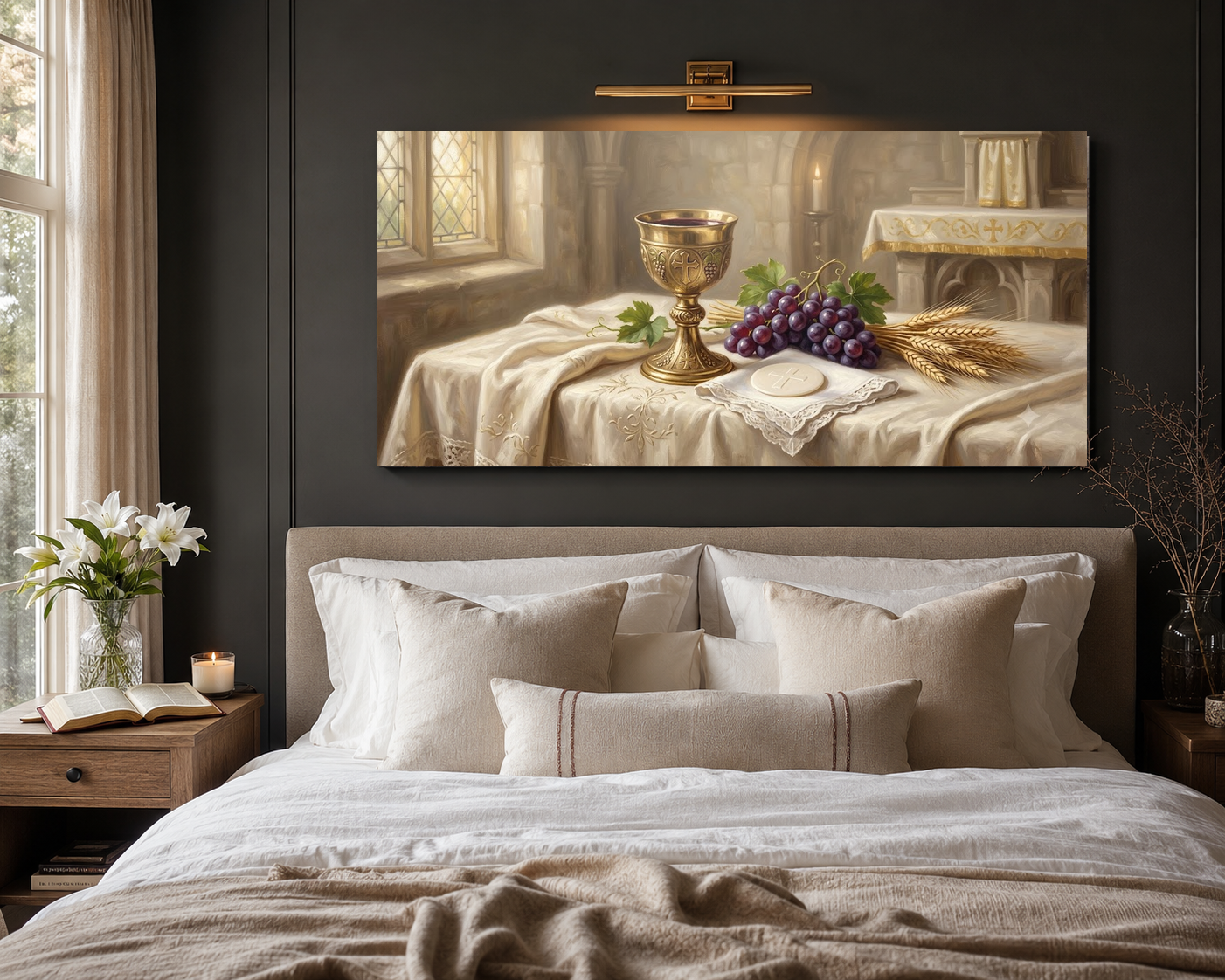 First Holy Communion devotional art above bed room mockup