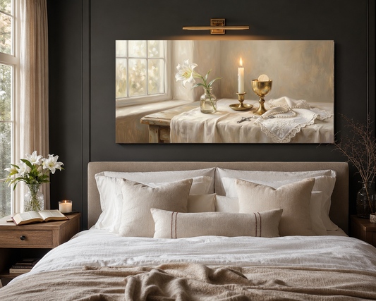 First Holy Communion devotional art above bed room mockup